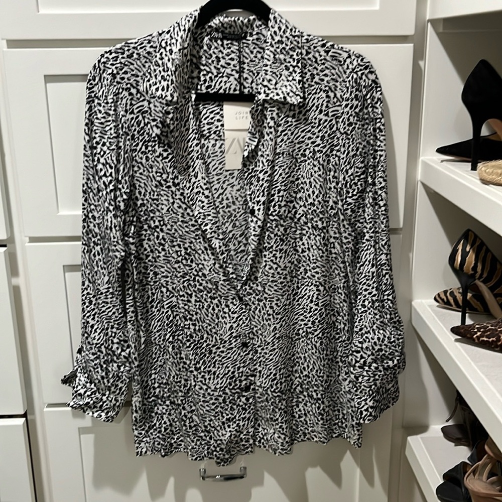 Zara Black Leopard Button Up Shirt